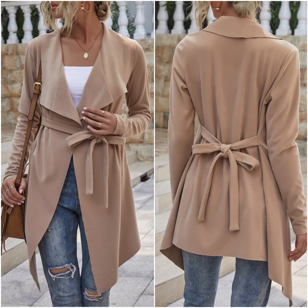 khaki vegan suede waterfall belted jacket trench - Picture 2 of 3